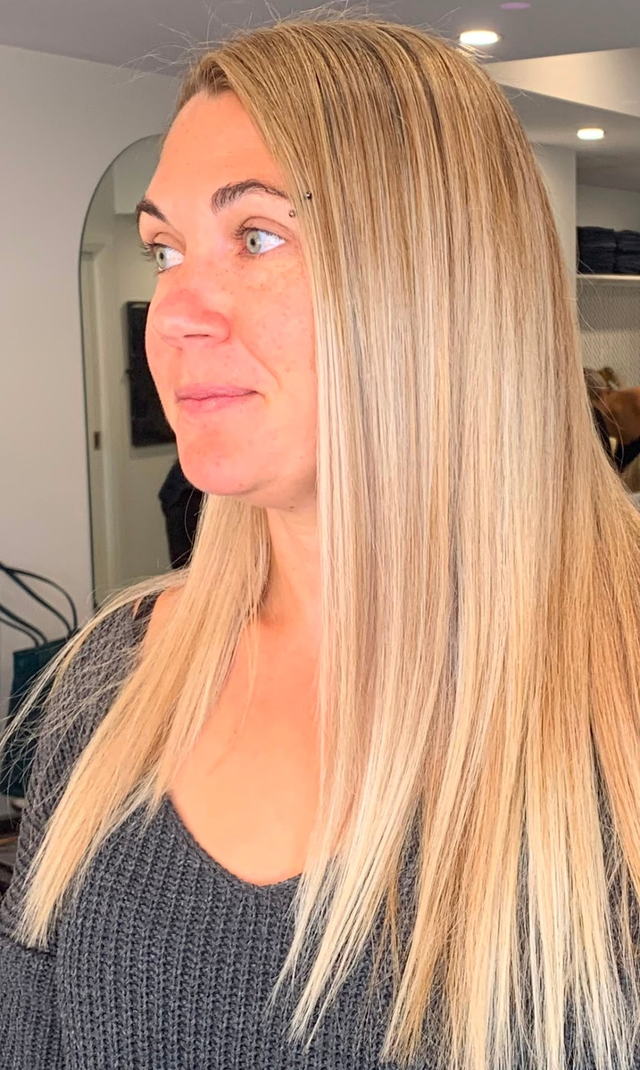 Beige blonde foils with a smooth straight blow wave