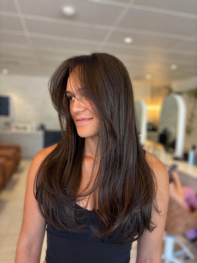 Rich chocolate brunette with long blow-dried layers