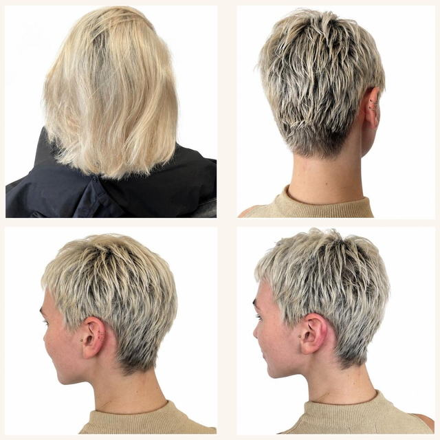 Blonde pixie cut transformation, before and after