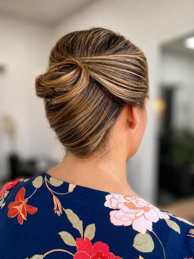 Textured French roll upstyle with blonde highlights
