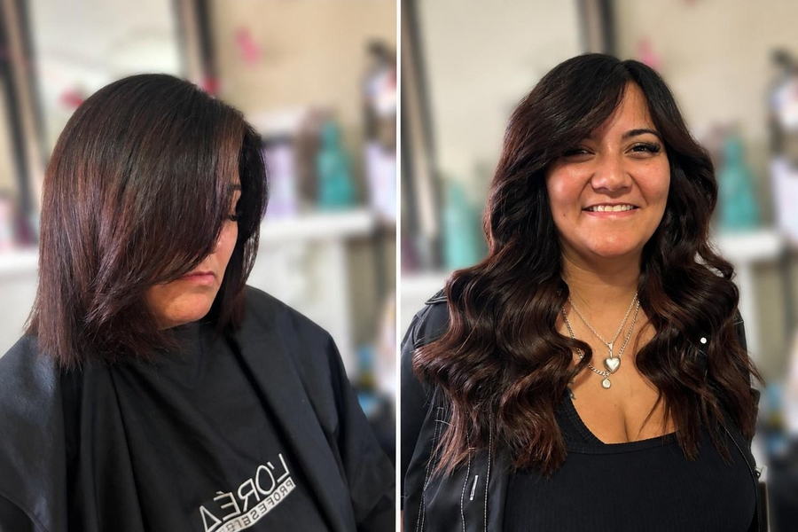 Warm brunette colour and waves, before and after