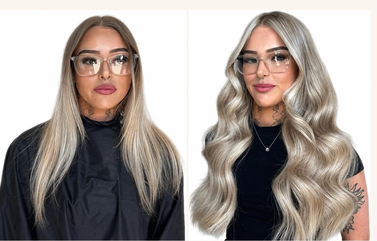 Blonde extensions with long glamorous waves, before and after