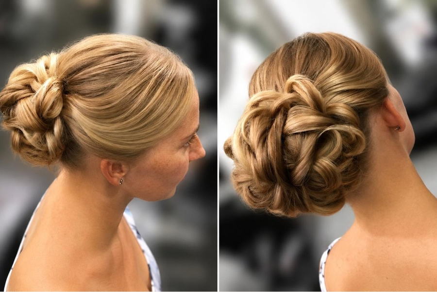 Blonde bridal upstyle, side and back view