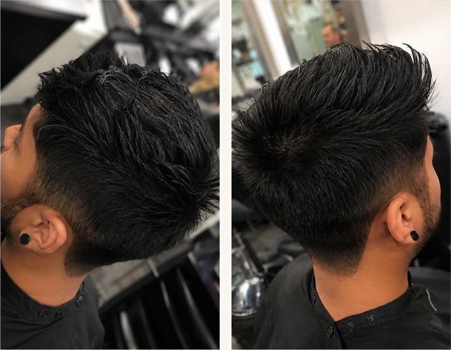 Men's textured cut with a skin fade, two angles