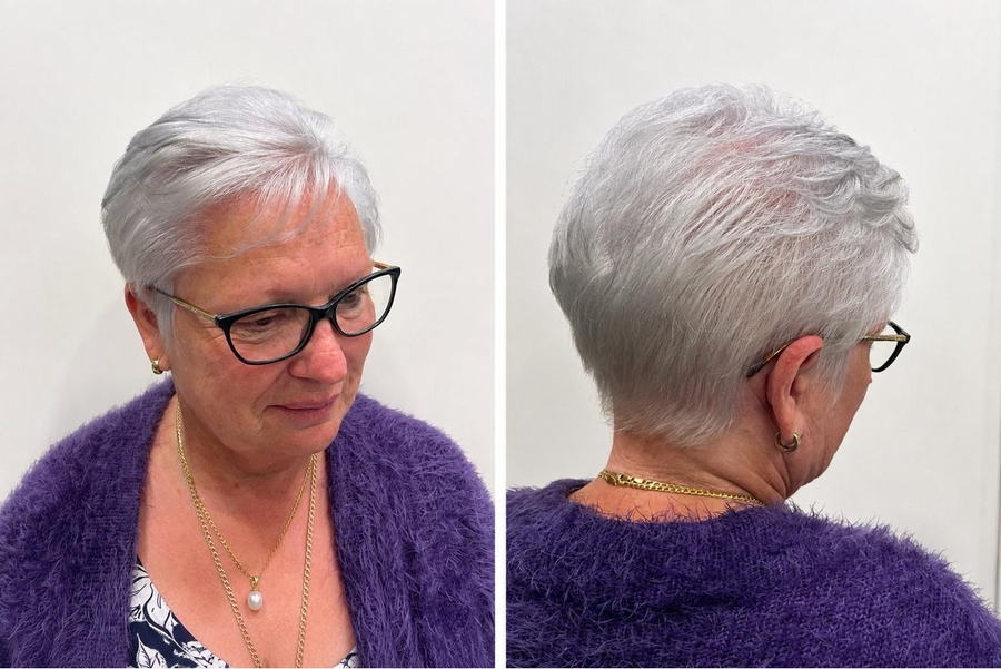Silver pixie cut, front and back view
