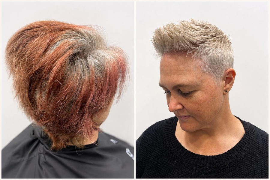 Icy blonde crop transformation, before and after