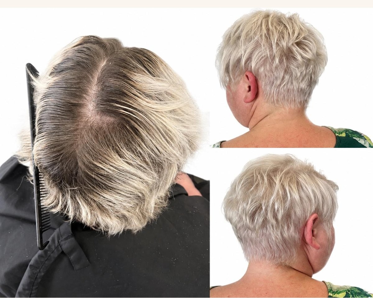 Blonde pixie cut transformation, before and after