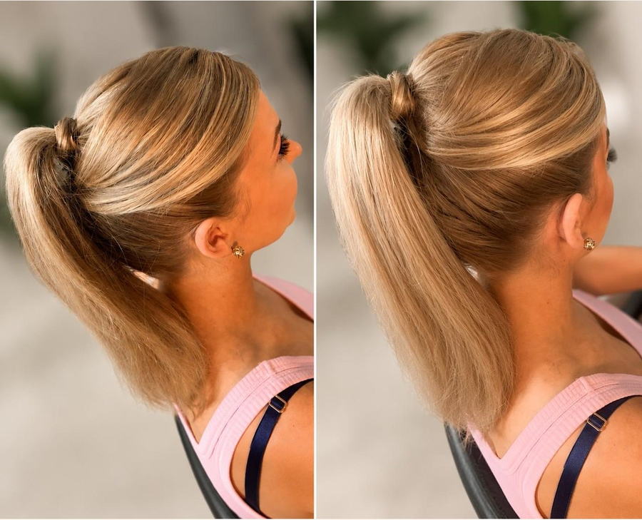 Sleek high blonde ponytail, two angles