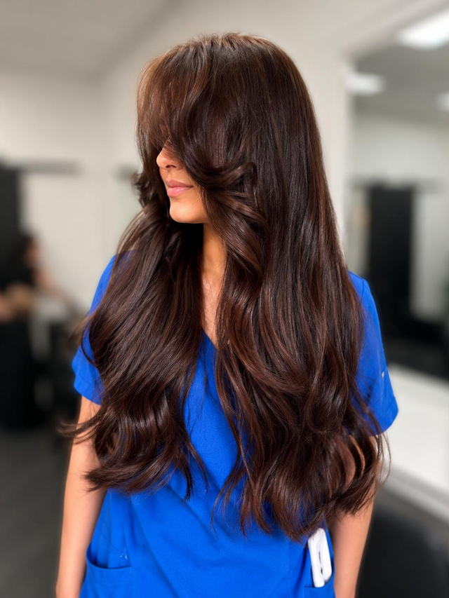 Rich chocolate brunette with long glossy layers