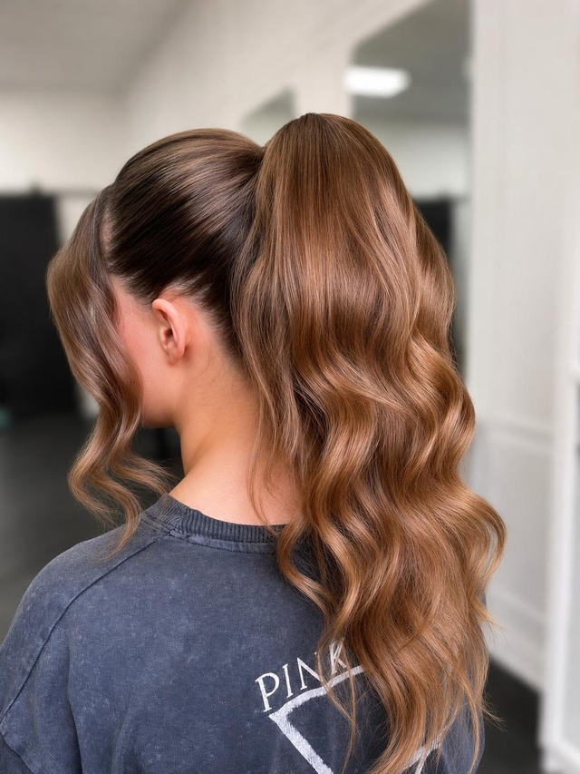 Caramel brunette high ponytail with soft waves
