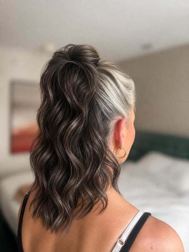 Silver and brunette blended half-up style