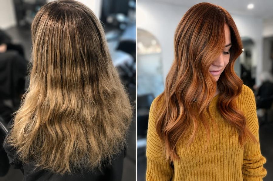 Blonde to copper red colour transformation, before and after