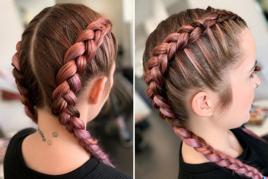 Dutch braids with rose pink colour, two angles