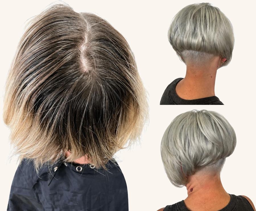 Regrowth to silver blonde stacked bob transformation