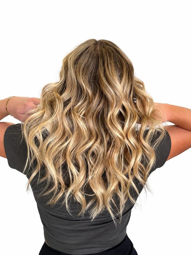 Long blonde beachy waves with dimensional highlights, back view