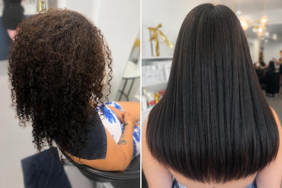Curly to sleek smooth brunette transformation, before and after
